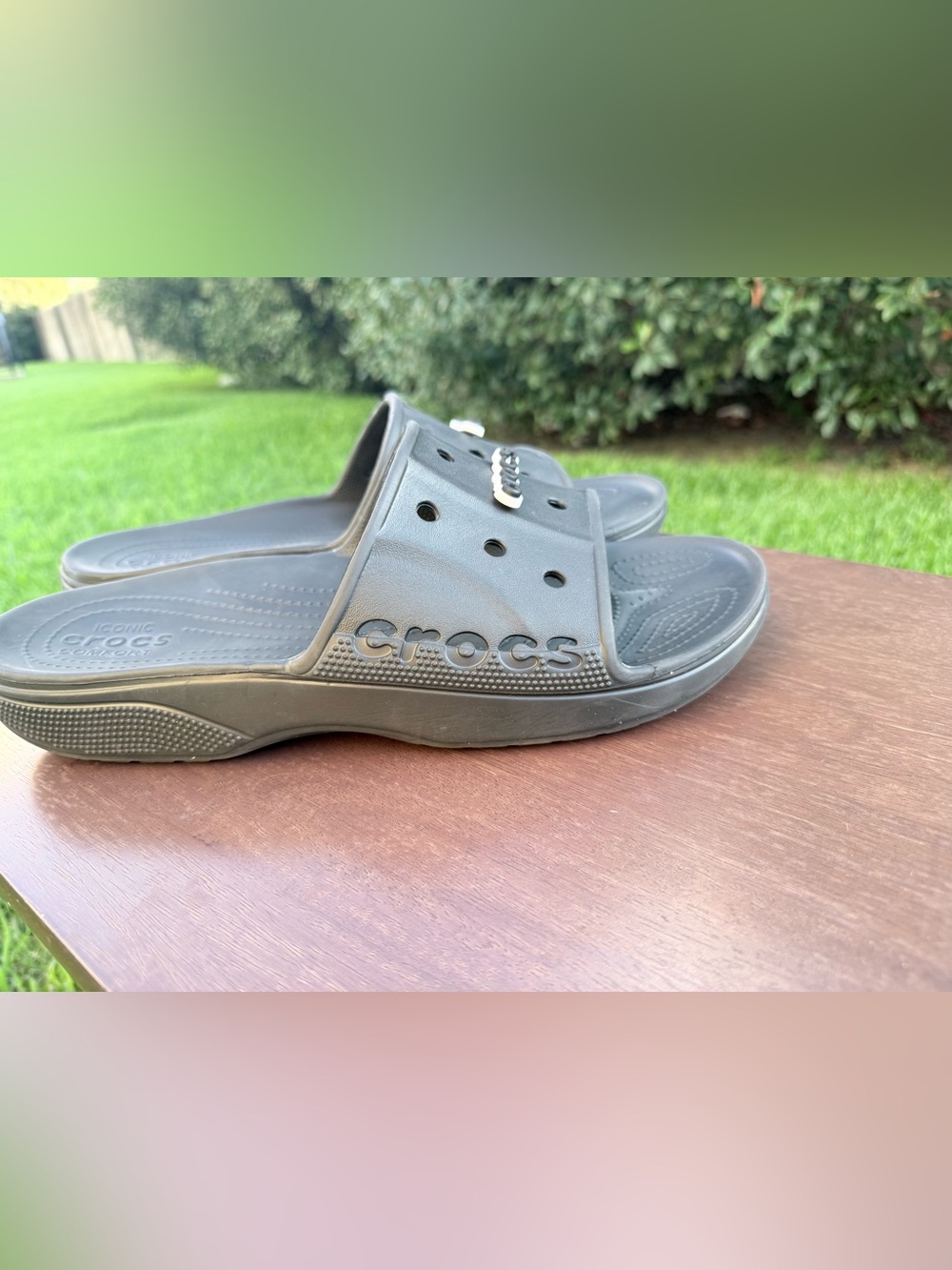CROCS Black Slide Sandals with Jibbitz Logo size 13 men’s - Picture 2 of 8
